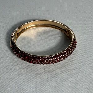 Gold Tone Red Rhinestone Hinged Bangle Bracelet Statement